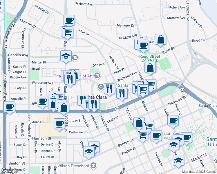 map of restaurants, bars, coffee shops, grocery stores, and more near 1825 Fillmore Street in Santa Clara