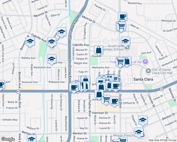 map of restaurants, bars, coffee shops, grocery stores, and more near 1816 Los Padres Boulevard in Santa Clara
