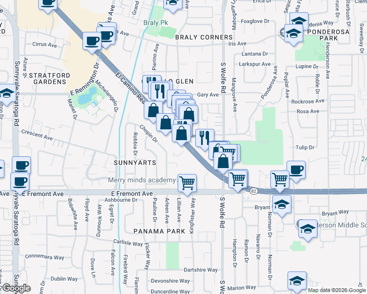 map of restaurants, bars, coffee shops, grocery stores, and more near 830 East El Camino Real in Sunnyvale