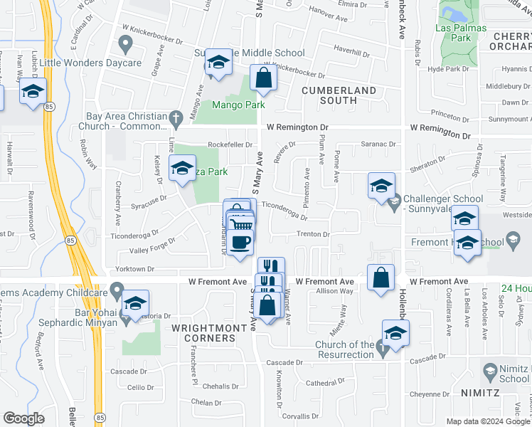 map of restaurants, bars, coffee shops, grocery stores, and more near 1207 Mcintosh Avenue in Sunnyvale
