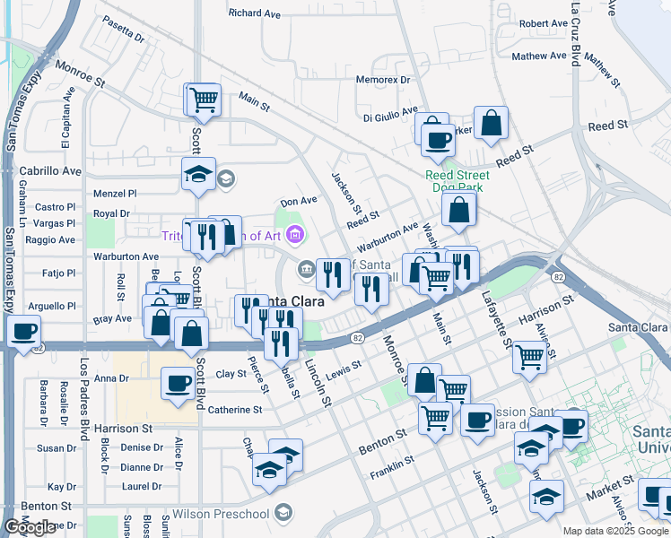 map of restaurants, bars, coffee shops, grocery stores, and more near 1360 Warburton Avenue in Santa Clara