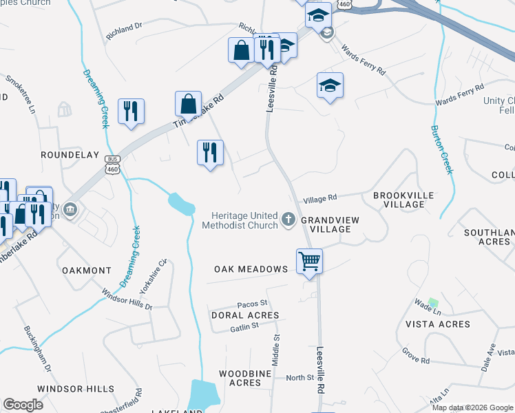 map of restaurants, bars, coffee shops, grocery stores, and more near 1009 Misty Mountain Road in Lynchburg