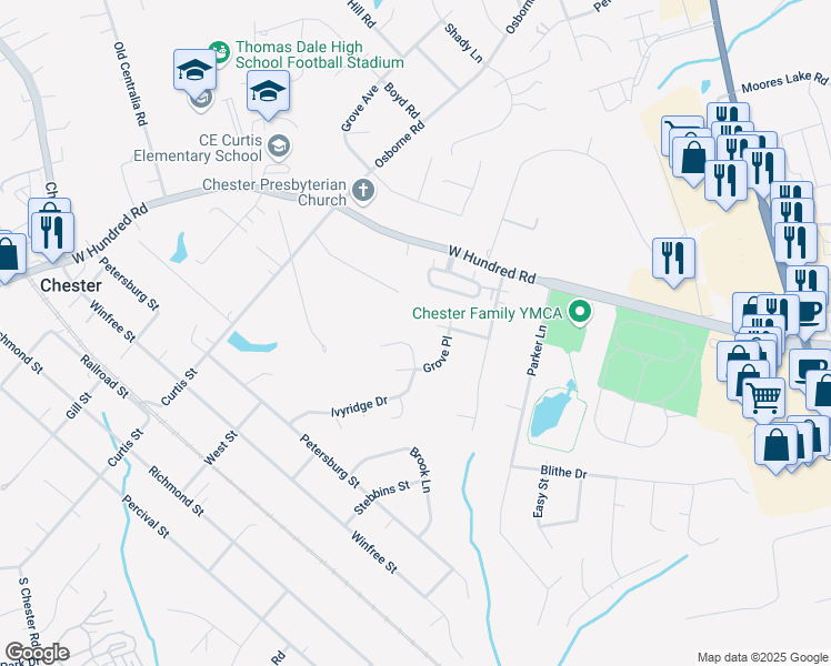 map of restaurants, bars, coffee shops, grocery stores, and more near 3443 Ivyridge Drive in Chester