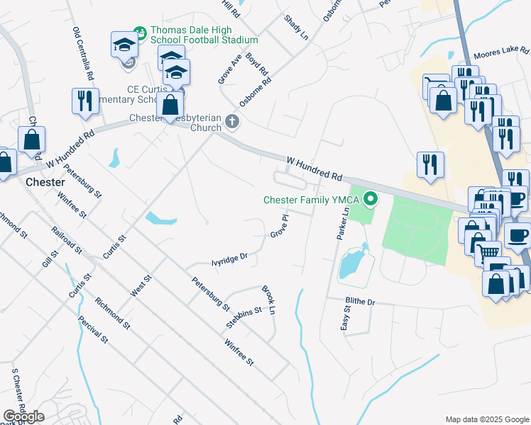 map of restaurants, bars, coffee shops, grocery stores, and more near 3443 Ivyridge Drive in Chester