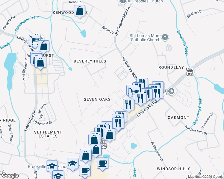 map of restaurants, bars, coffee shops, grocery stores, and more near 240 Beverly Hills Circle in Lynchburg