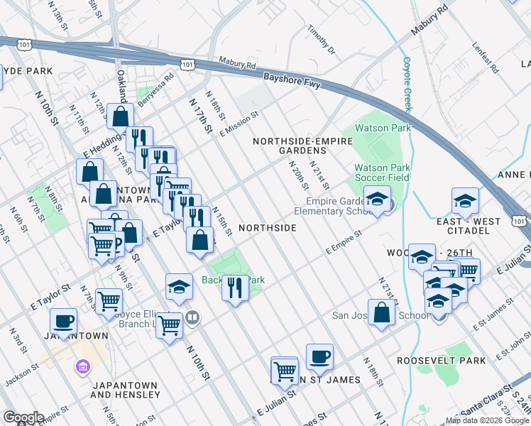 map of restaurants, bars, coffee shops, grocery stores, and more near 622 North 17th Street in San Jose