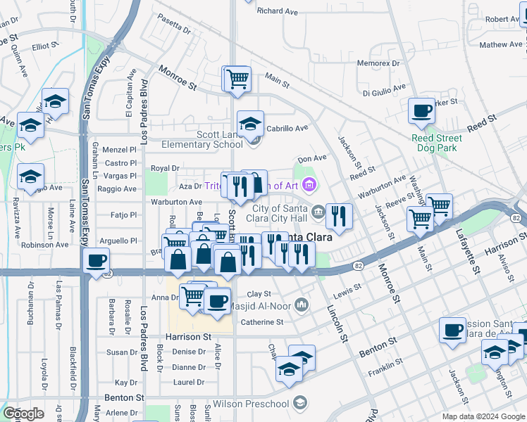 map of restaurants, bars, coffee shops, grocery stores, and more near 1800 Warburton Avenue in Santa Clara
