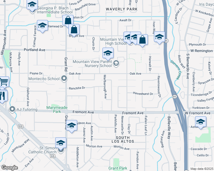 map of restaurants, bars, coffee shops, grocery stores, and more near 1454 Wessex Avenue in Los Altos