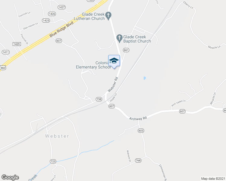 map of restaurants, bars, coffee shops, grocery stores, and more near 2836 Webster Road in Blue Ridge