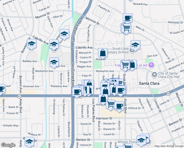 map of restaurants, bars, coffee shops, grocery stores, and more near 1772 Los Padres Boulevard in Santa Clara