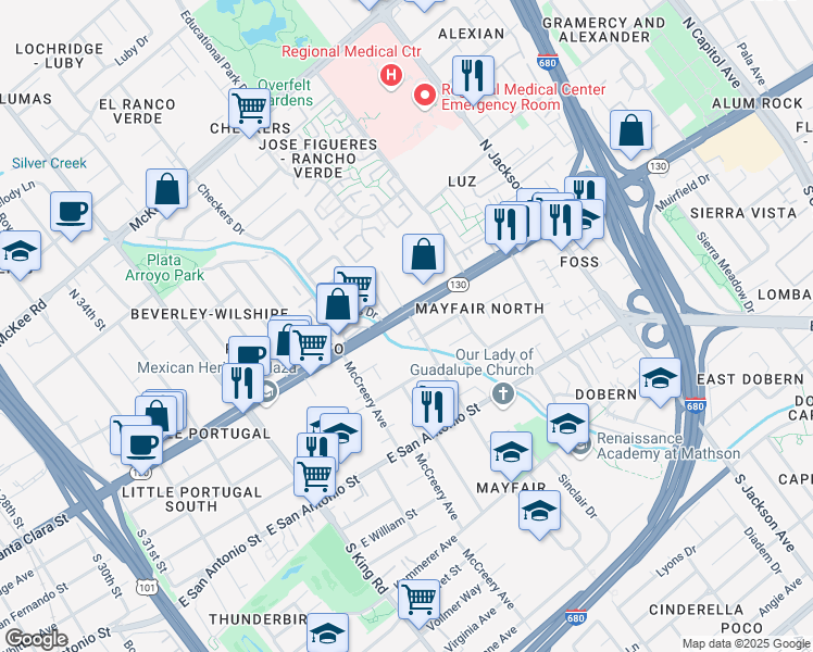 map of restaurants, bars, coffee shops, grocery stores, and more near 1991 Alum Rock Avenue in San Jose