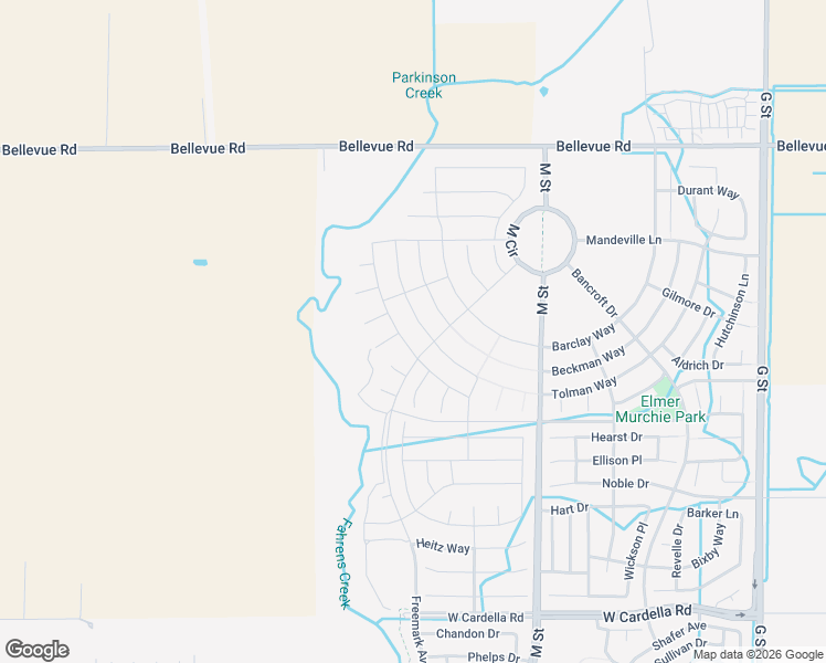 map of restaurants, bars, coffee shops, grocery stores, and more near 9 West Bellevue Road in Merced