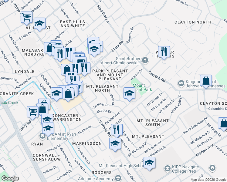 map of restaurants, bars, coffee shops, grocery stores, and more near 10200 Regan Street in San Jose
