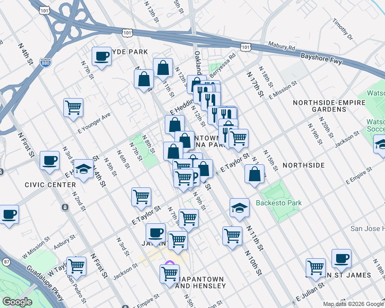 map of restaurants, bars, coffee shops, grocery stores, and more near 473 Cannery Place in San Jose
