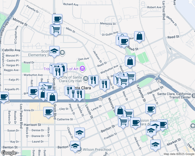 map of restaurants, bars, coffee shops, grocery stores, and more near 1825 Fillmore Street in Santa Clara
