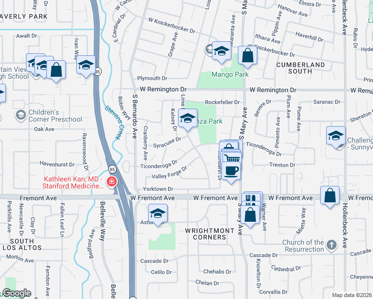 map of restaurants, bars, coffee shops, grocery stores, and more near 1195 Lime Drive in Sunnyvale