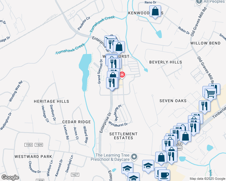map of restaurants, bars, coffee shops, grocery stores, and more near 102 Hexham Drive in Lynchburg
