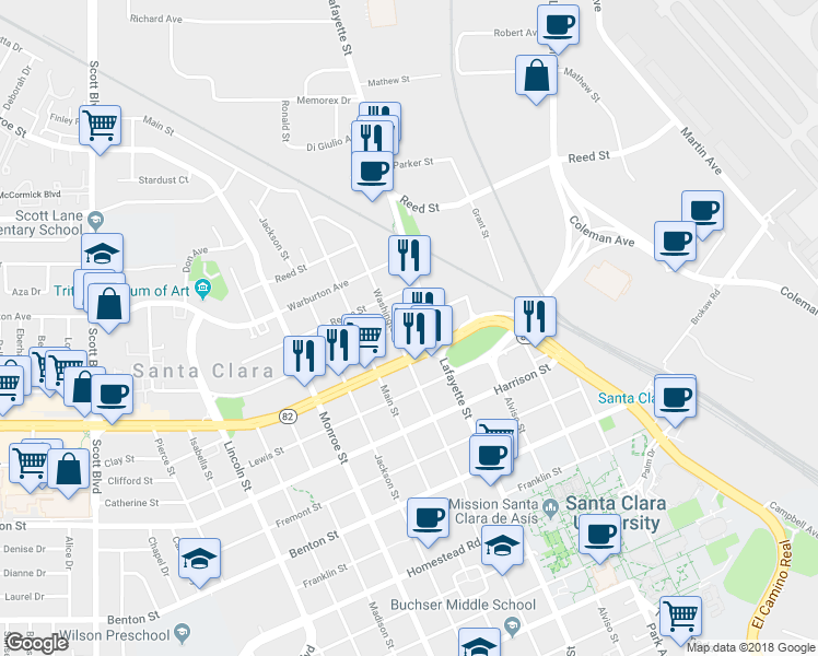 map of restaurants, bars, coffee shops, grocery stores, and more near 956 Civic Center Drive in Santa Clara