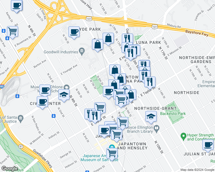 map of restaurants, bars, coffee shops, grocery stores, and more near 800 North 8th Street in San Jose