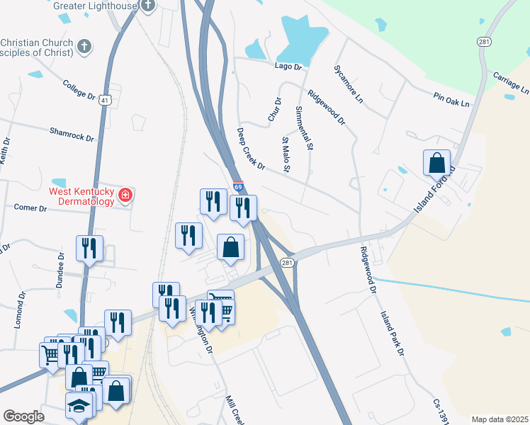 map of restaurants, bars, coffee shops, grocery stores, and more near Cornwall Drive in Madisonville