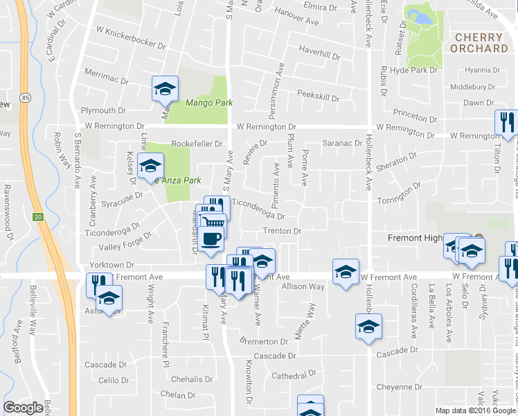 map of restaurants, bars, coffee shops, grocery stores, and more near Ticonderoga Dr & Navlet Ct in Sunnyvale