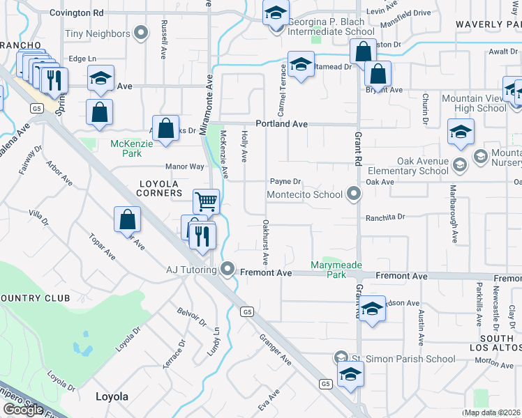 map of restaurants, bars, coffee shops, grocery stores, and more near 1480 Oakhurst Avenue in Los Altos