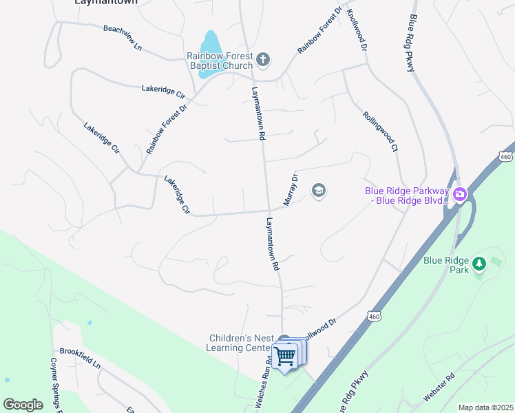 map of restaurants, bars, coffee shops, grocery stores, and more near 34 Lakeridge Circle in Troutville