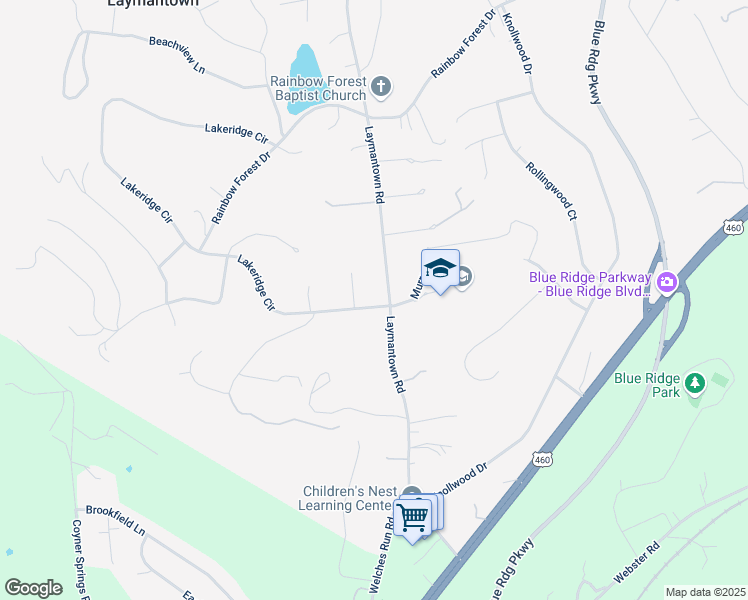 map of restaurants, bars, coffee shops, grocery stores, and more near 34 Lakeridge Circle in Troutville