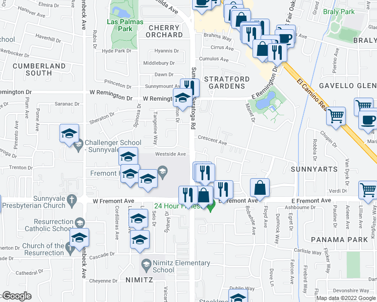 map of restaurants, bars, coffee shops, grocery stores, and more near in Sunnyvale
