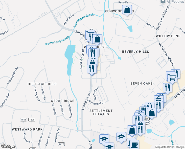 map of restaurants, bars, coffee shops, grocery stores, and more near 102 Hexham Drive in Lynchburg
