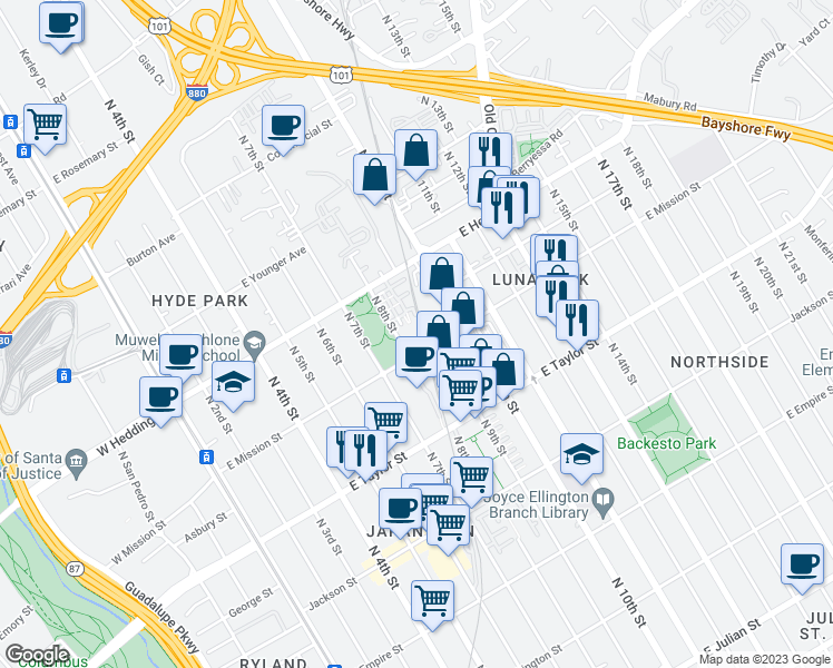 map of restaurants, bars, coffee shops, grocery stores, and more near 862 Sakura Drive in San Jose