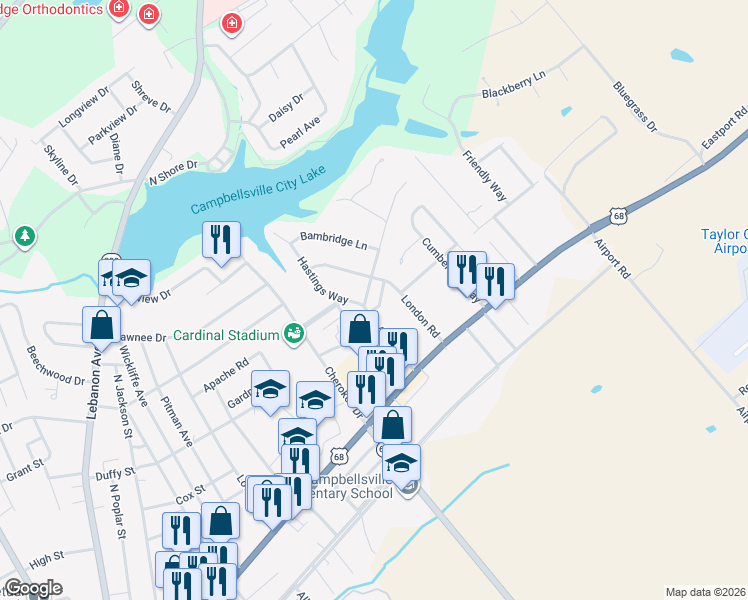 map of restaurants, bars, coffee shops, grocery stores, and more near 133 London Road in Campbellsville