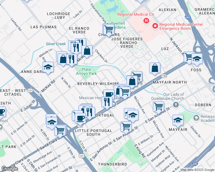 map of restaurants, bars, coffee shops, grocery stores, and more near 115 Magellan Avenue in San Jose