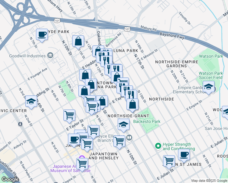map of restaurants, bars, coffee shops, grocery stores, and more near 747 North 13th Street in San Jose