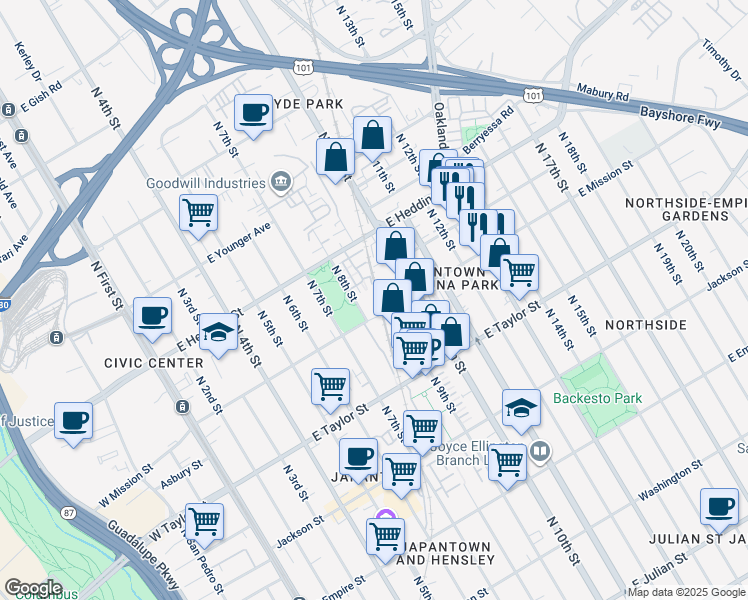 map of restaurants, bars, coffee shops, grocery stores, and more near 862 Sakura Drive in San Jose