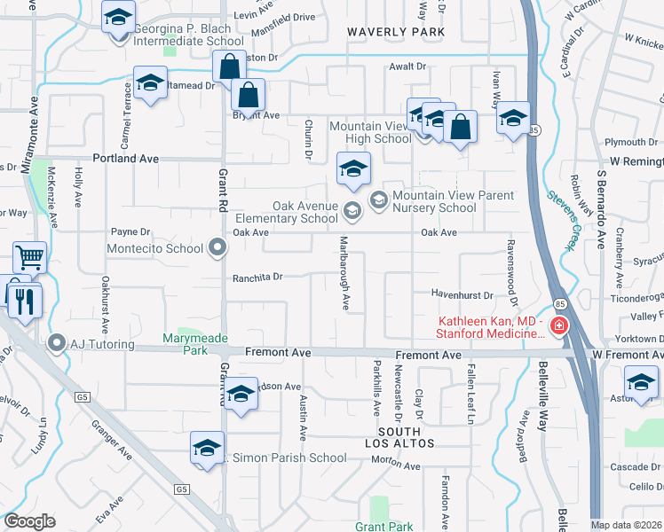 map of restaurants, bars, coffee shops, grocery stores, and more near 1452 Marlbarough Court in Los Altos
