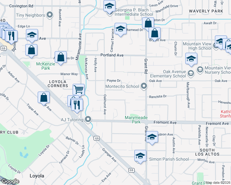 map of restaurants, bars, coffee shops, grocery stores, and more near 1171 Payne Drive in Los Altos