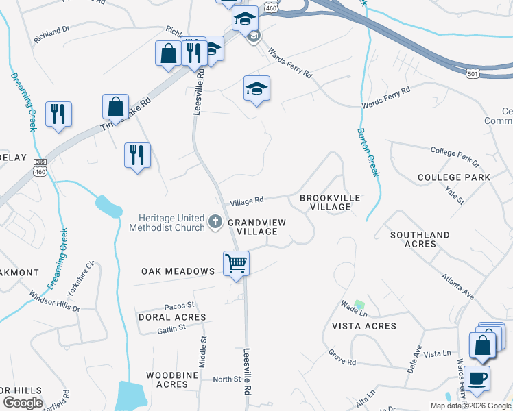 map of restaurants, bars, coffee shops, grocery stores, and more near 53 Village Road in Lynchburg