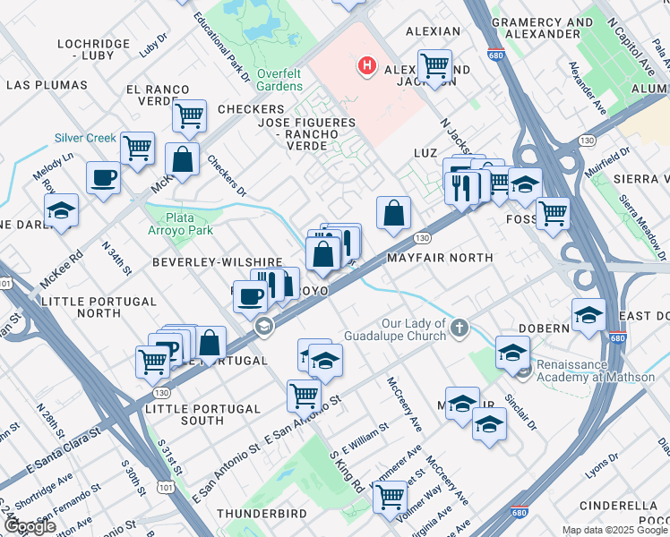 map of restaurants, bars, coffee shops, grocery stores, and more near in San Jose