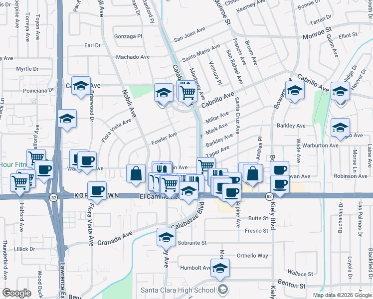 map of restaurants, bars, coffee shops, grocery stores, and more near 3169 Merced Court in Santa Clara