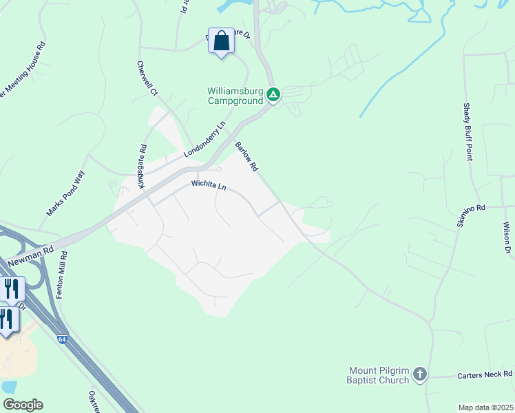 map of restaurants, bars, coffee shops, grocery stores, and more near 139 Wichita Lane in Williamsburg