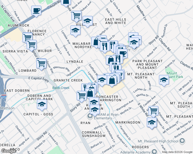 map of restaurants, bars, coffee shops, grocery stores, and more near 10081 Endfield Way in San Jose