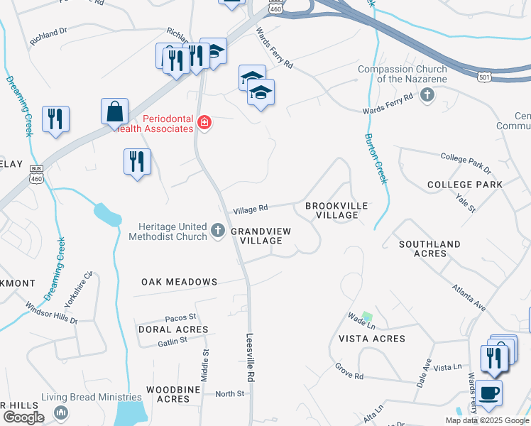 map of restaurants, bars, coffee shops, grocery stores, and more near 64 Village Road in Lynchburg