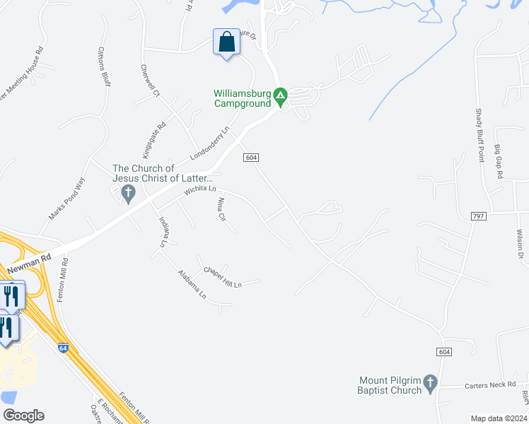 map of restaurants, bars, coffee shops, grocery stores, and more near 139 Wichita Lane in Williamsburg