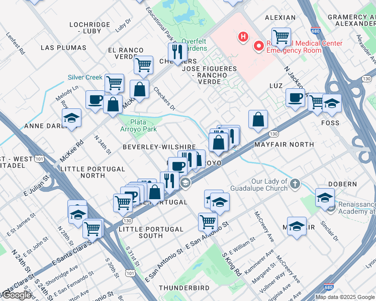 map of restaurants, bars, coffee shops, grocery stores, and more near 82 Magellan Avenue in San Jose