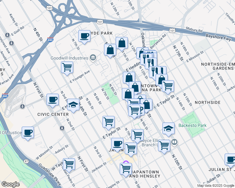 map of restaurants, bars, coffee shops, grocery stores, and more near 862 Sakura Drive in San Jose