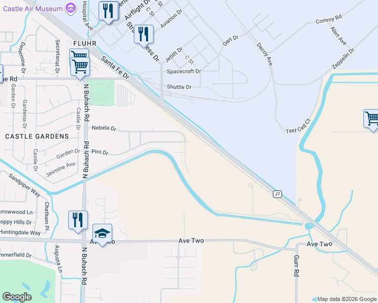 map of restaurants, bars, coffee shops, grocery stores, and more near 2112 Piro Drive in Atwater