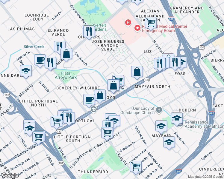 map of restaurants, bars, coffee shops, grocery stores, and more near 67 Silcreek Drive in San Jose