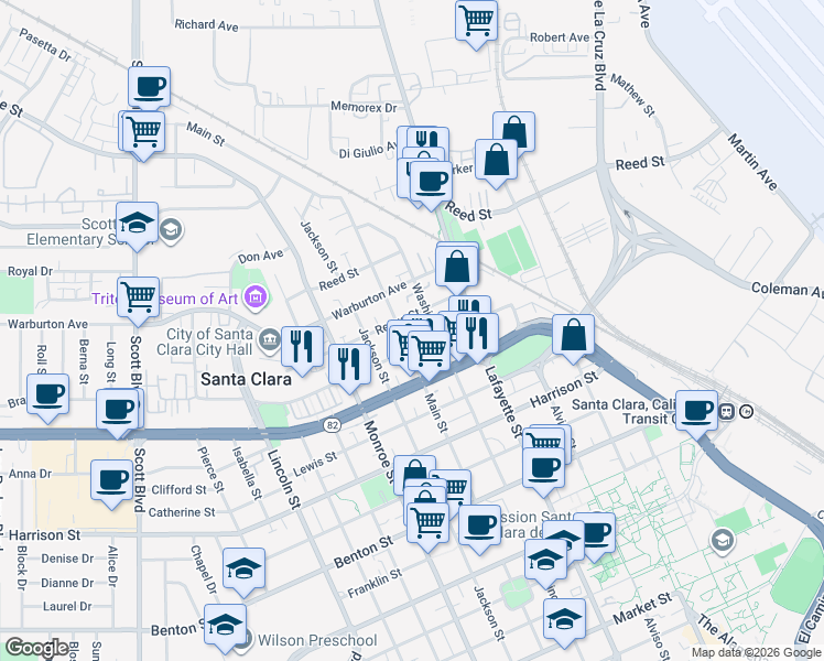 map of restaurants, bars, coffee shops, grocery stores, and more near 1008 Reeve Street in Santa Clara