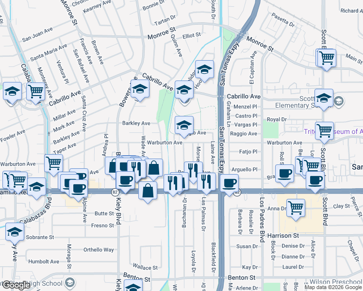 map of restaurants, bars, coffee shops, grocery stores, and more near 1822 Ravizza Avenue in Santa Clara